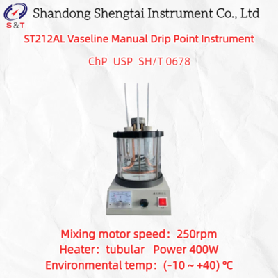 Instrumento manual para el punto de goteo de vaselina con tubo de ensayo de vidrio de 110 mm, motor de mezcla de 250 rpm y calentador de 400 W